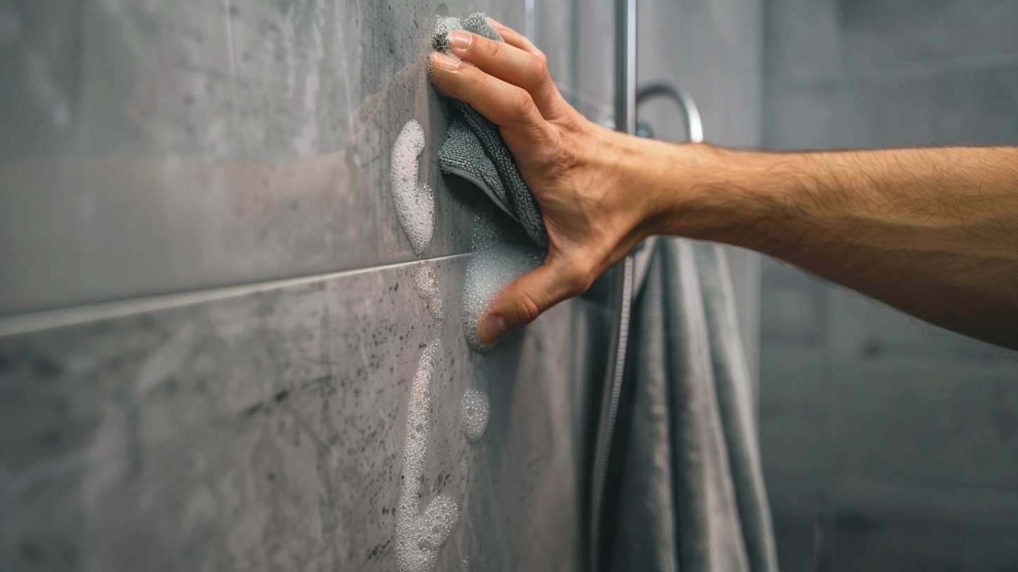 Close up of a hand cleaning a bathroom shower wall with a cloth