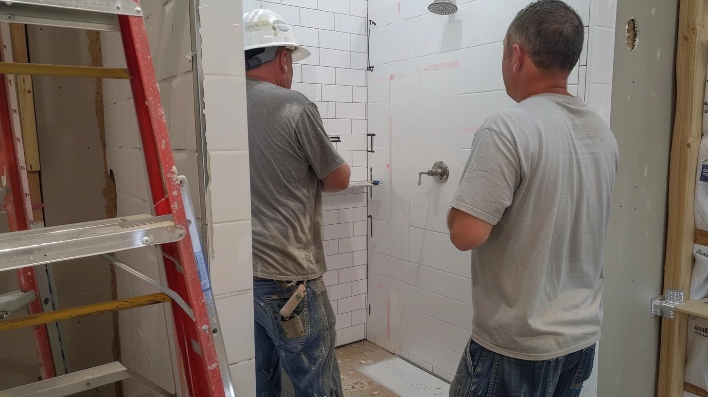 Contractors installing a new bathroom shower