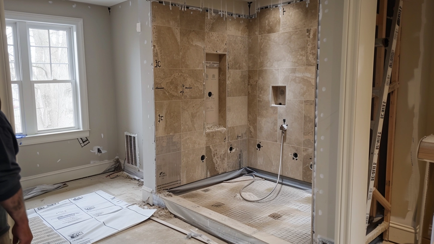 Contractors installing bathroom shower