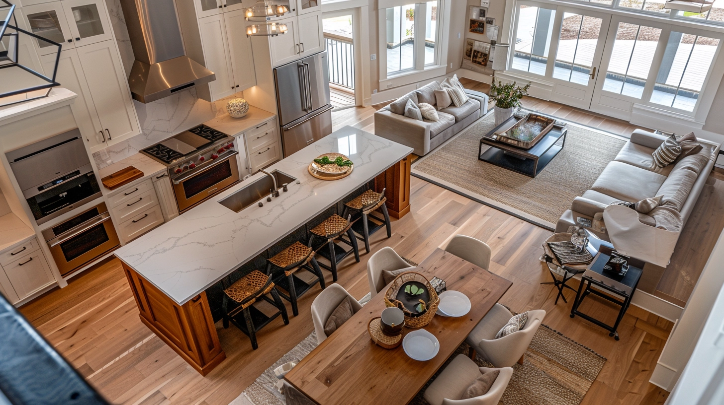 A bird's-eye view of an open concept kitchen and living room, highlighting the strategic placement of the island