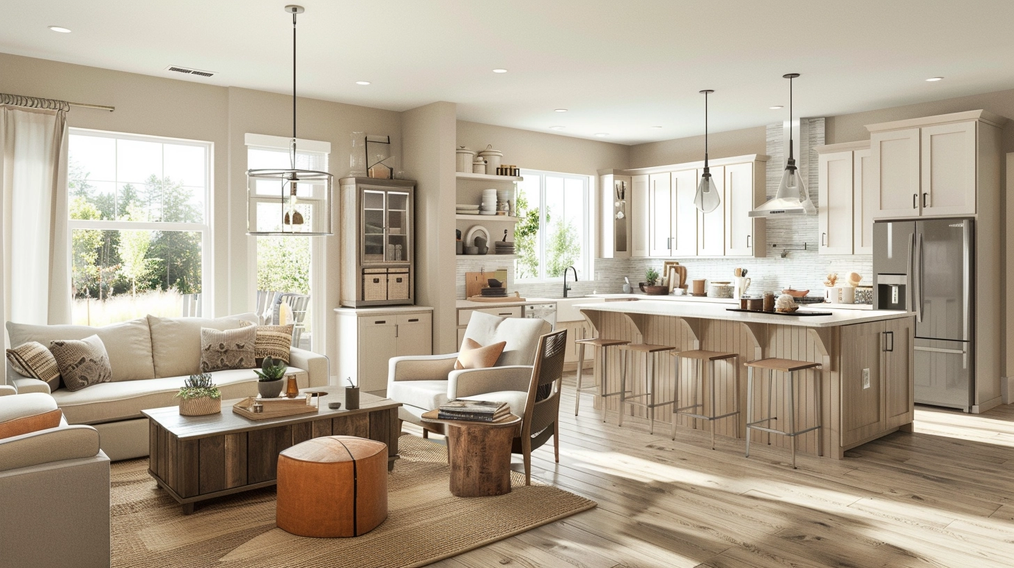A cozy efficiently designed open concept space where the kitchen and living room share a small area
