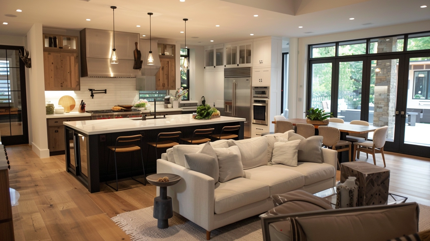 A panoramic view of a beautifully designed open concept kitchen and dining room