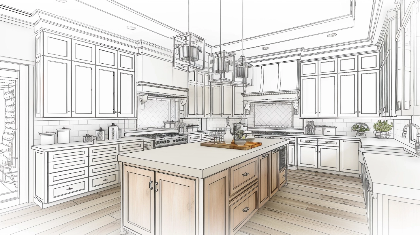 Custom kitchen layout with maple cabinets designed to maximize storage and functionality