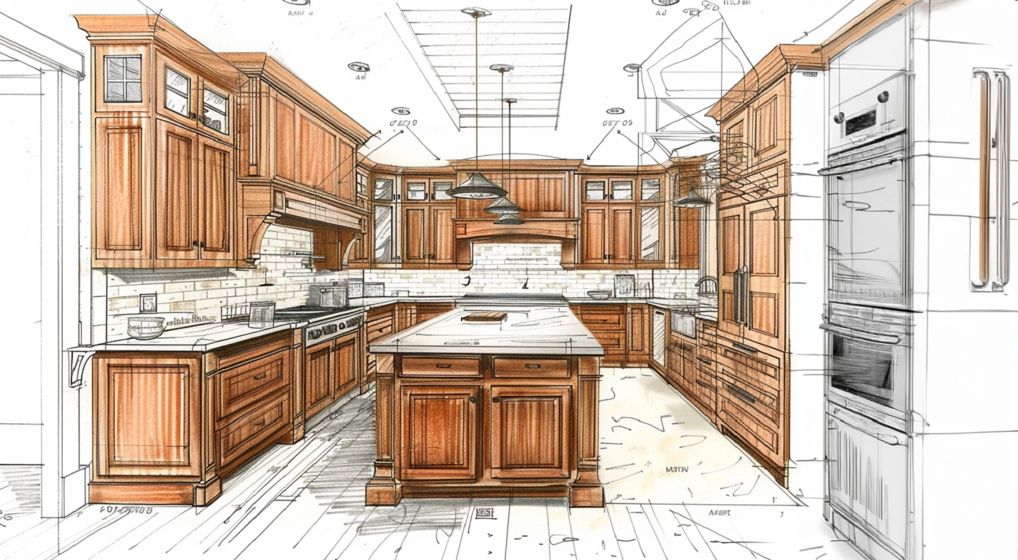 Three-dimensional sketch of a traditional kitchen with wood cabinets, a central island, pendant lights, and built-in ovens