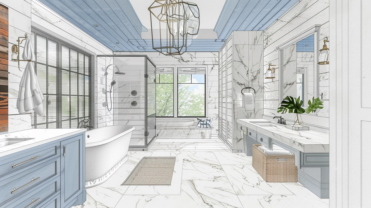 3D sketch of a dream bathroom, combining elements of a spa-like retreat with modern functionality.
