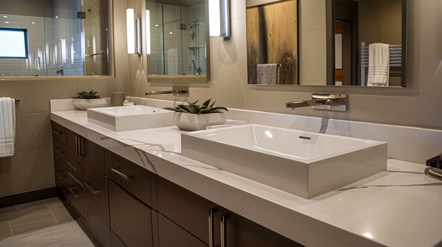 A bathroom featuring a sleek quartz countertop, emphasizing its durability and stain resistance.