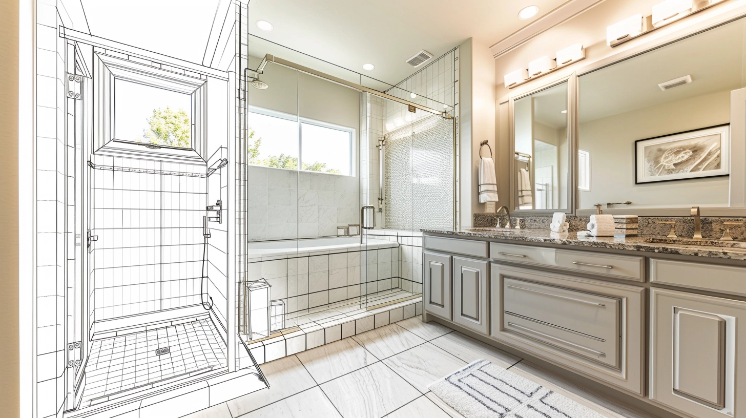 A detailed illustration of an upscale bathroom remodel.