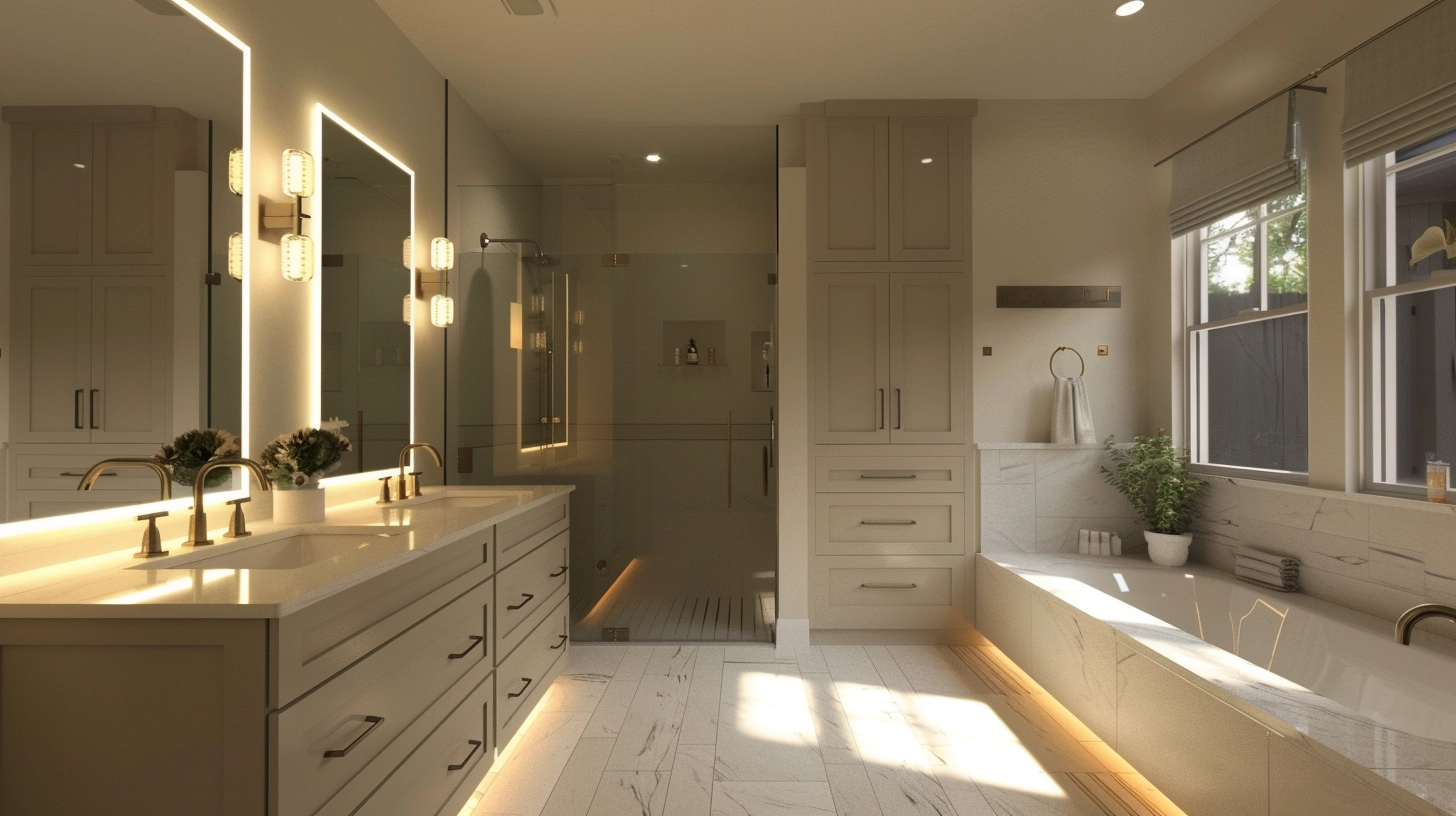 An elegant bathroom space, featuring sleek, custom cabinetry that offers ample storage without sacrificing style.