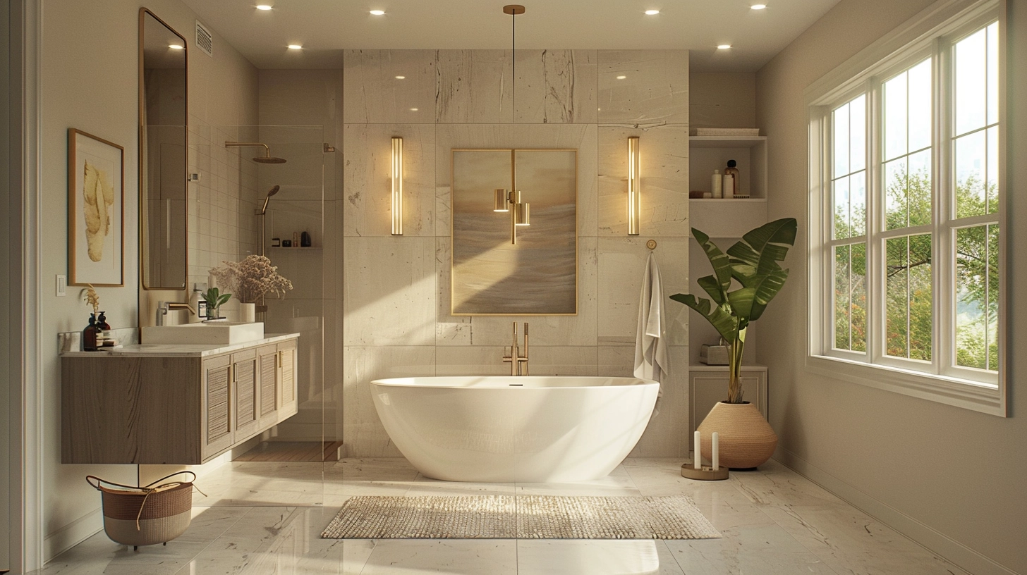 An elegant, modern bathroom blending timeless design elements with current trends.