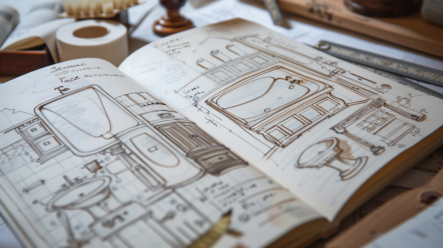 Close-up view of a designer's notebook, open on a page filled with detailed sketches and notes.