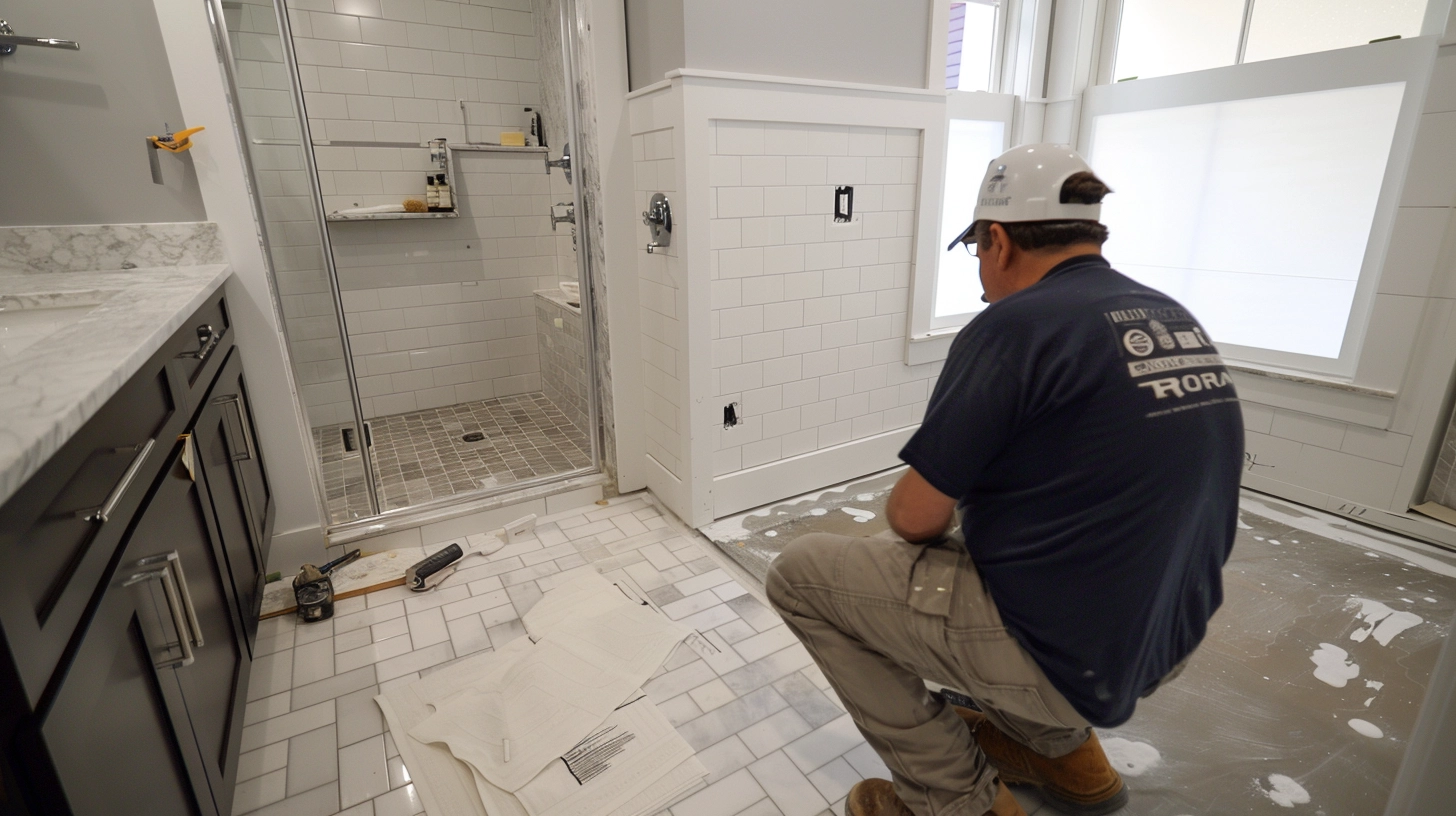Professionals adding the final touches to a bathroom renovation.